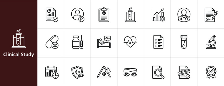 Clinical Study and Medical Research Line Icon Set - Minimalist Pharma and Healthcare Trial Vector Illustrations
