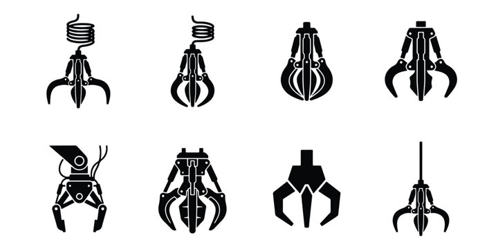 Industrial crane claw icons set, mechanical robotic grabber vector elements, heavy machinery hydraulic grapple silhouettes for construction and recycling