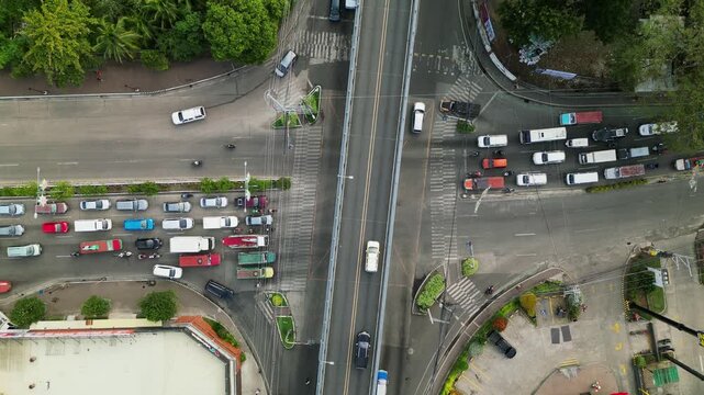 Elevated Bridge Across Main Road Streets In The City Of Iloilo On Panay Island, Philippines. Aerial Shot