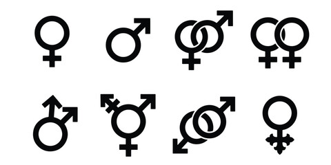 Gender identity symbols set, black male and female icons, transgender and non-binary signs, 8 vector elements for lgbtq diversity and inclusion © Anika