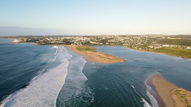 Sunrise aerial view over Keurbooms river estuary mouth and Plettenberg Bay