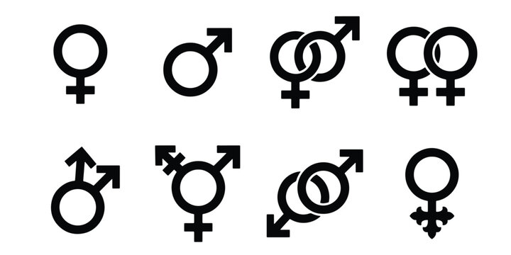 Gender identity symbols set, black male and female icons, transgender and non-binary signs, 8 vector elements for lgbtq diversity and inclusion