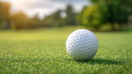Obraz premium Golf Ball on Lush Green Grass Under Soft Light with Natural Background Elements in Outdoor Setting