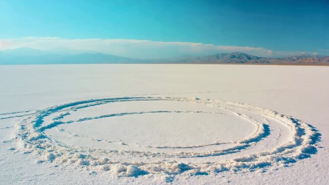 Circular track on snowfield against mountain ranges under blue sky