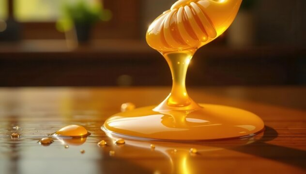 Golden honey dripping, forming realistic droplets and splashes , background, flow, oil