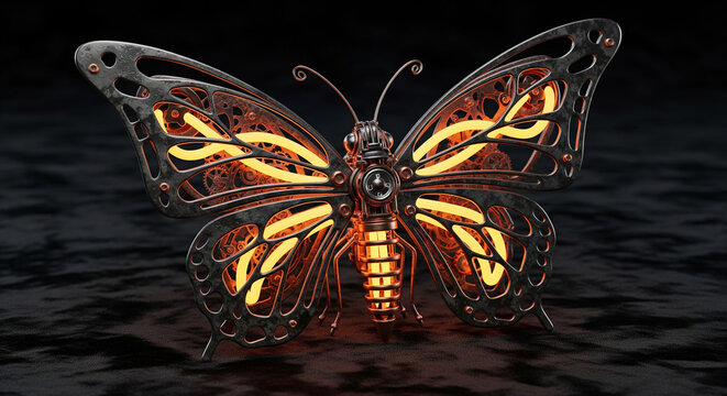 Intricate neon glowing steampunk butterfly mechanism in darkness perfect for futuristic clockwork robot fantasies