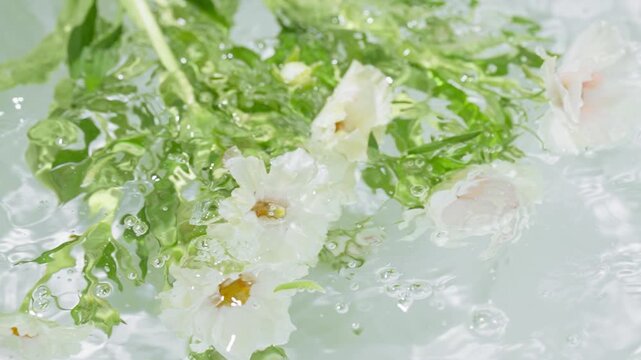 White flowers with green stems in bubbly water