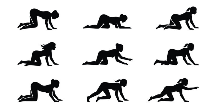 Woman crawling silhouette set, female figures in various crawling poses, black vector silhouettes of women on all fours, 9 elements for design