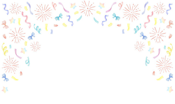 Watercolor banner joyful celebration with colorful confetti, firework and bows. A vibrant and festive illustration perfect for invitations, greeting cards, and party decorations.