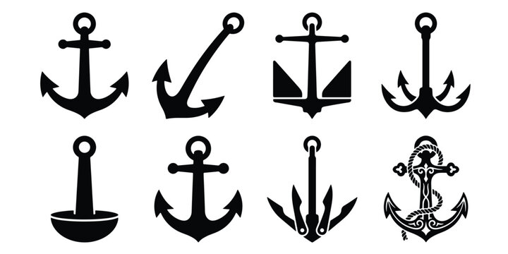 Nautical anchor silhouette collection, 8 black ship anchor vector icons, maritime marine equipment set, sea sailing and naval symbols