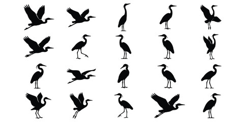 Fototapeta premium Heron silhouette collection, 20 black bird vector icons, flying and standing egret shapes, elegant crane wildlife illustrations for nature logos