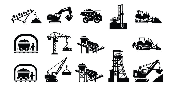 Mining industry icons set, heavy machinery and quarry equipment vector illustrations, coal mine extraction and construction vehicle silhouettes