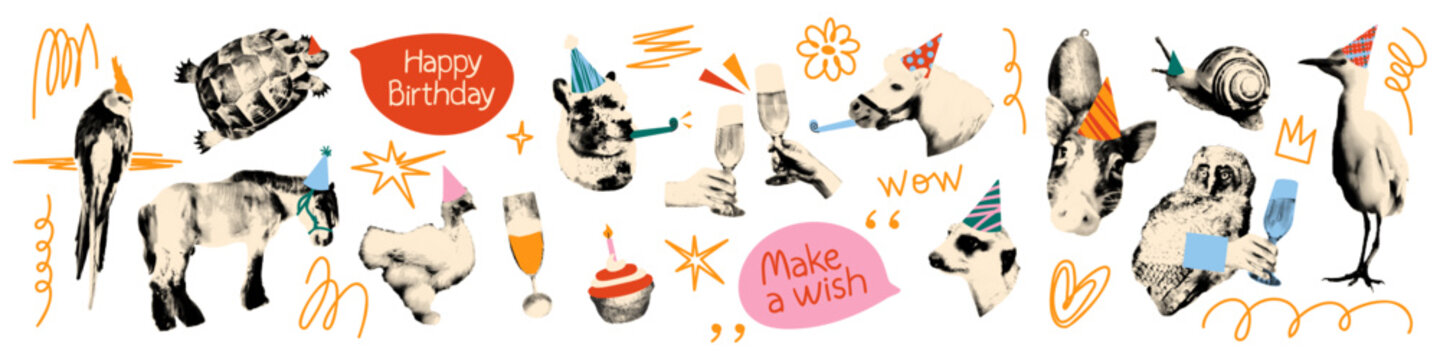 Animals birthday party halftone art collage cut out elements set. Funny cute stickers with doodles and scribbles. Modern retro grunge mixed media vector illustration isolated on transparent background
