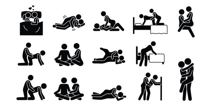 Kama Sutra sex positions icon set, 14 black stick figure couple silhouettes, adult sexual education and intimacy guide vector elements