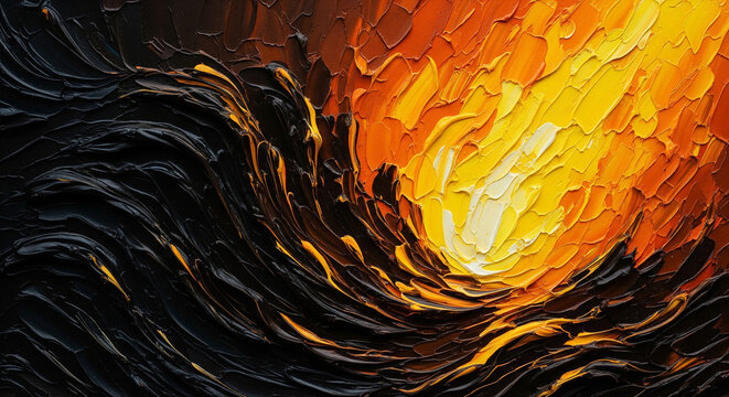 Thick expressive impasto painting of glowing orange and black fire perfect for beautiful aesthetic visual artworks