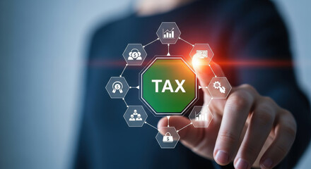 Fototapeta premium Tax Management Technology Concept with Man Touching Screen Featuring Business and Finance Icons