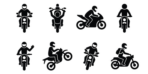 Motorcycle rider icons set, black biker silhouettes in various poses, 8 vector motorcycle symbols for transportation and delivery logistics design © Laila