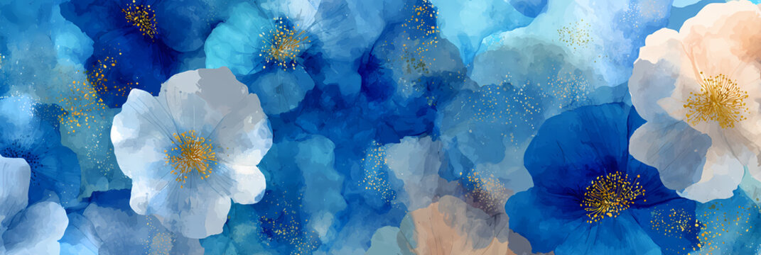 Arri&egrave;re-plan floral abstrait &agrave; l'aquarelle bleue et dor&eacute;e pour design d'invitation &eacute;l&eacute;gant