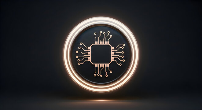 Computer microchip inside a rounded neon border, technological icon