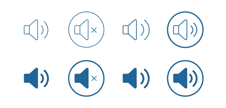 Sound icon set modern vector illustration blue outline and solid volume audio control symbol isolated on transparent background
