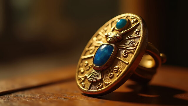 Ancient Egyptian gold scarab amulet under dramatic museum light, bokeh dark historical display background