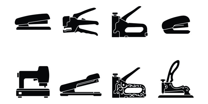 Stapler and hole punch icon set, 8 black vector silhouettes of office stationery, industrial staple gun and paper binding equipment for business