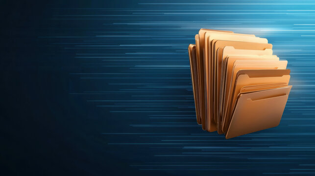 digital concept of multiple brown file folders floating against a blue background with horizontal light streaks, symbolizing data storage and organization.