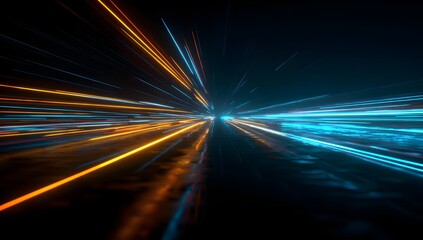 Fototapeta premium Abstract light trails on a dark background, showcasing a sense of speed and movement with vibrant orange and blue streaks, representing fast data transfer