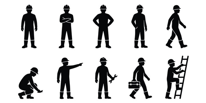 Industrial construction worker silhouettes, set of 10 builder icons in various poses, professional contractor and engineer vector figures for safety signs