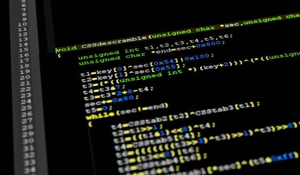 Part of the publicly available computer code used in the early 2000s to descramble the DVD copy protection displayed in an editor program. Selective focus