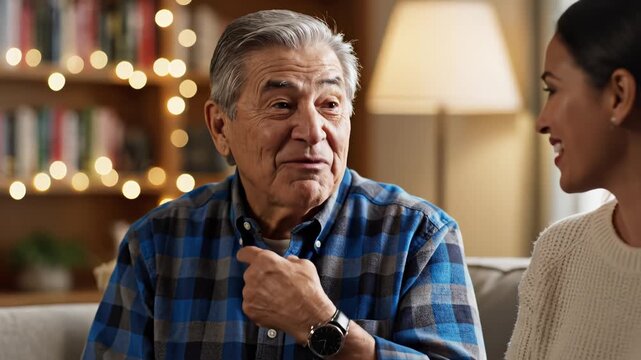 Elderly man conversing with woman for commercial backgrounds, digital design, and advertising