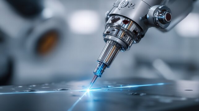 Robotic surgical arm performing laser incision on test substrate, sterile clinical environment, highprecision optics and sensors, engineeringdriven healthcare automation, focus on safety and accuracy.