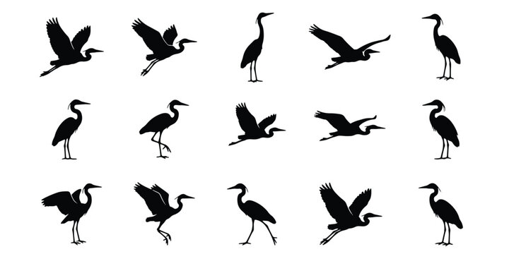 Heron silhouette collection, 15 black crane bird icons in flight and standing poses, elegant egret vector set for nature and wildlife design