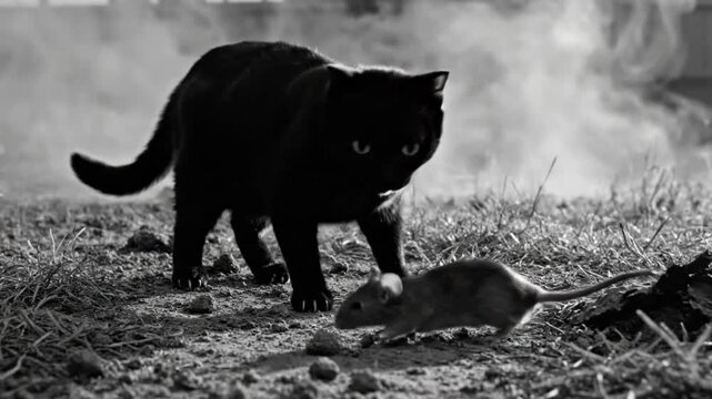 Black Cat Stalking and Capturing a Mouse in a Black and White Cinematic Scene with Dramatic Atmosphere