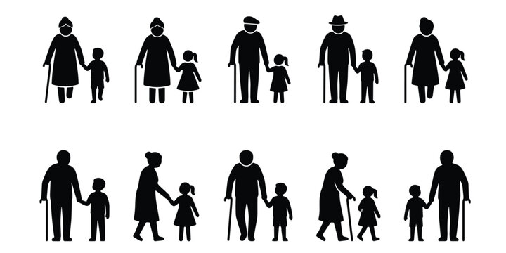 Grandparents and grandchildren silhouettes, set of 10 vector icons showing elderly people walking with kids, senior citizens and children figures