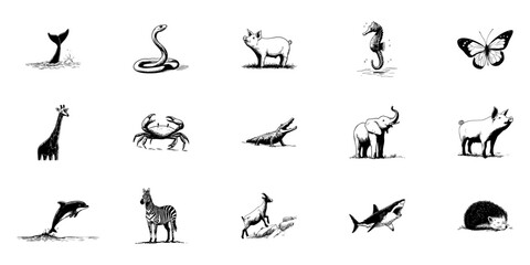Naklejka premium Animal Doodle Sketch Set. Diverse Wildlife Illustrations Featuring Marine, Terrestrial, And Aerial Creatures In Hand Drawn Style Collection. Nature And Biodiversity. Isolated Vector Illustration