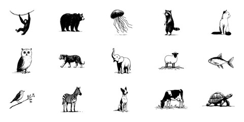 Naklejka premium Animal Doodle Sketch Set. Diverse Wildlife And Domestic Creatures In Hand Drawn Style Collection. Isolated Vector Illustration