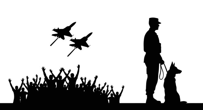 Military parade with fighter jets and crowd cheering, soldier with dog silhouette