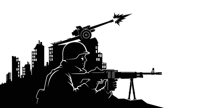Soldier with Machine Gun in Ruined Cityscape, Artillery Firing
