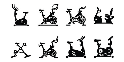 Exercise bike icon set, stationary bicycle silhouettes for fitness and gym equipment, 8 cardio workout machine vector illustrations © Rifat