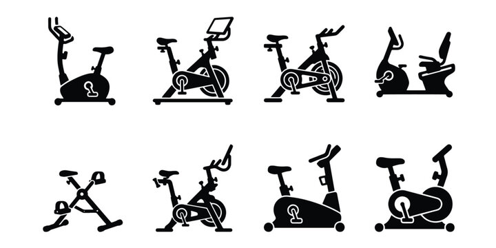 Exercise bike icon set, stationary bicycle silhouettes for fitness and gym equipment, 8 cardio workout machine vector illustrations