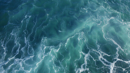Fototapeta premium Aerial view of deep blue ocean waves with white foam and swirling water texture