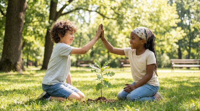 Sustainability and environmental protection concept, diverse children giving high five over a planted tree. Reforestation and caring for nature for the future.