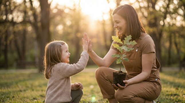 Happy mother and little daughter giving high five while planting young oak tree in park. Sustainability and environmental education concept for future generations.