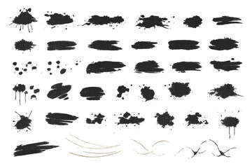 Fototapeta premium A versatile set of black ink splatters, artistic brush strokes, and textured paint blots on a white background. This collection features a variety of shapes, including drips, smudges, and fine line 