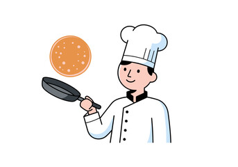 Chef flipping a pancake in a frying pan against a white background