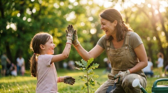 Mother and daughter giving high five while planting a sapling tree in a sunny park. Family gardening and sustainability education concept for children.