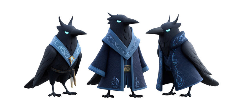 Three stylized crows in blue robes engage in conversation against a transparent background
