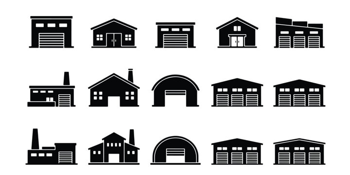 Industrial warehouse icons set, black factory building silhouettes, 15 storage facility and hangar vector elements for logistics and distribution maps