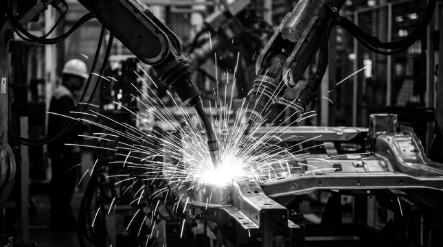 Industrial robotics automation welding automotive components on the factory floor overview